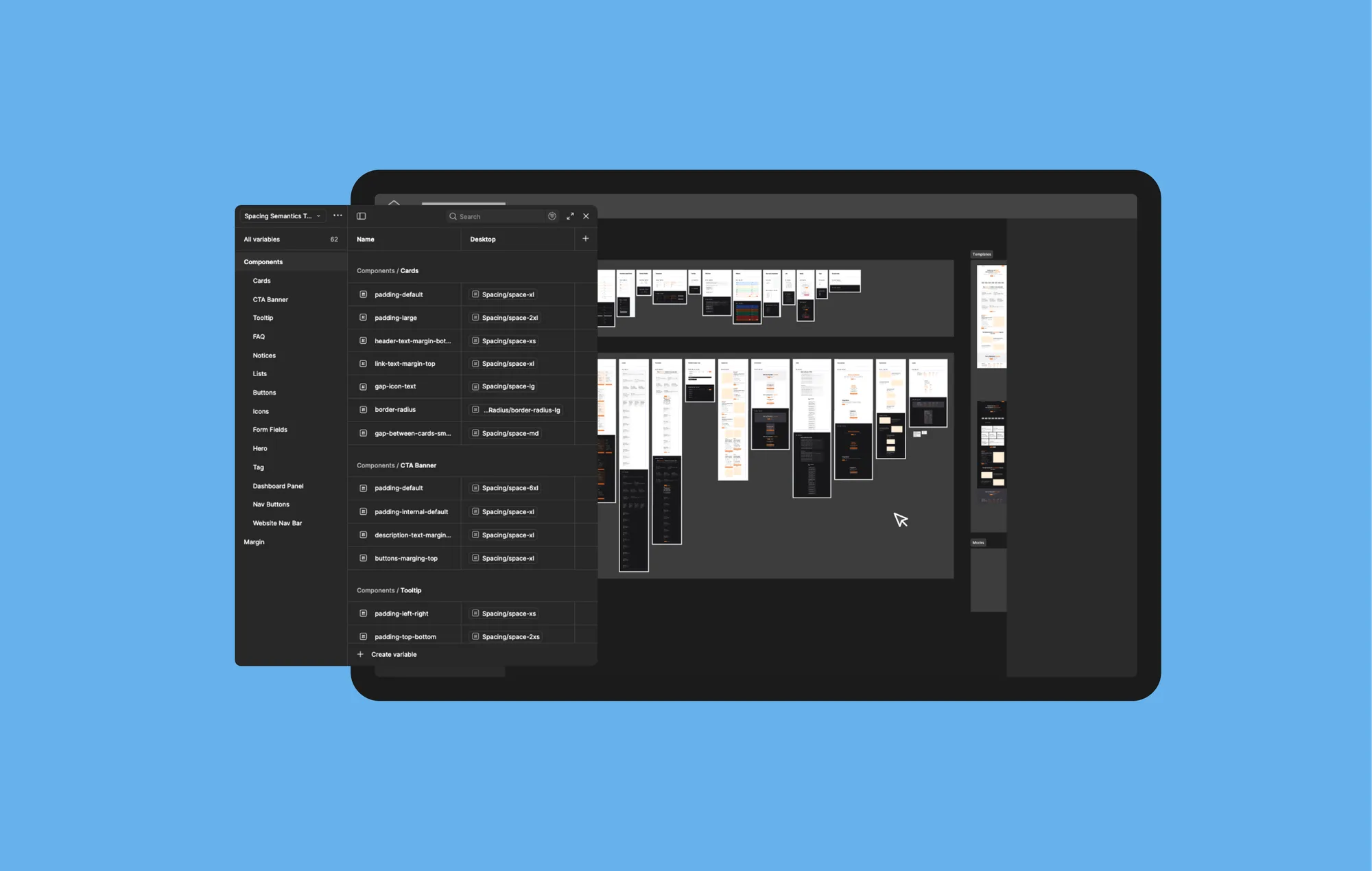 The design system in Figma: the spacing-semantics variables panel open over the component library canvas.
