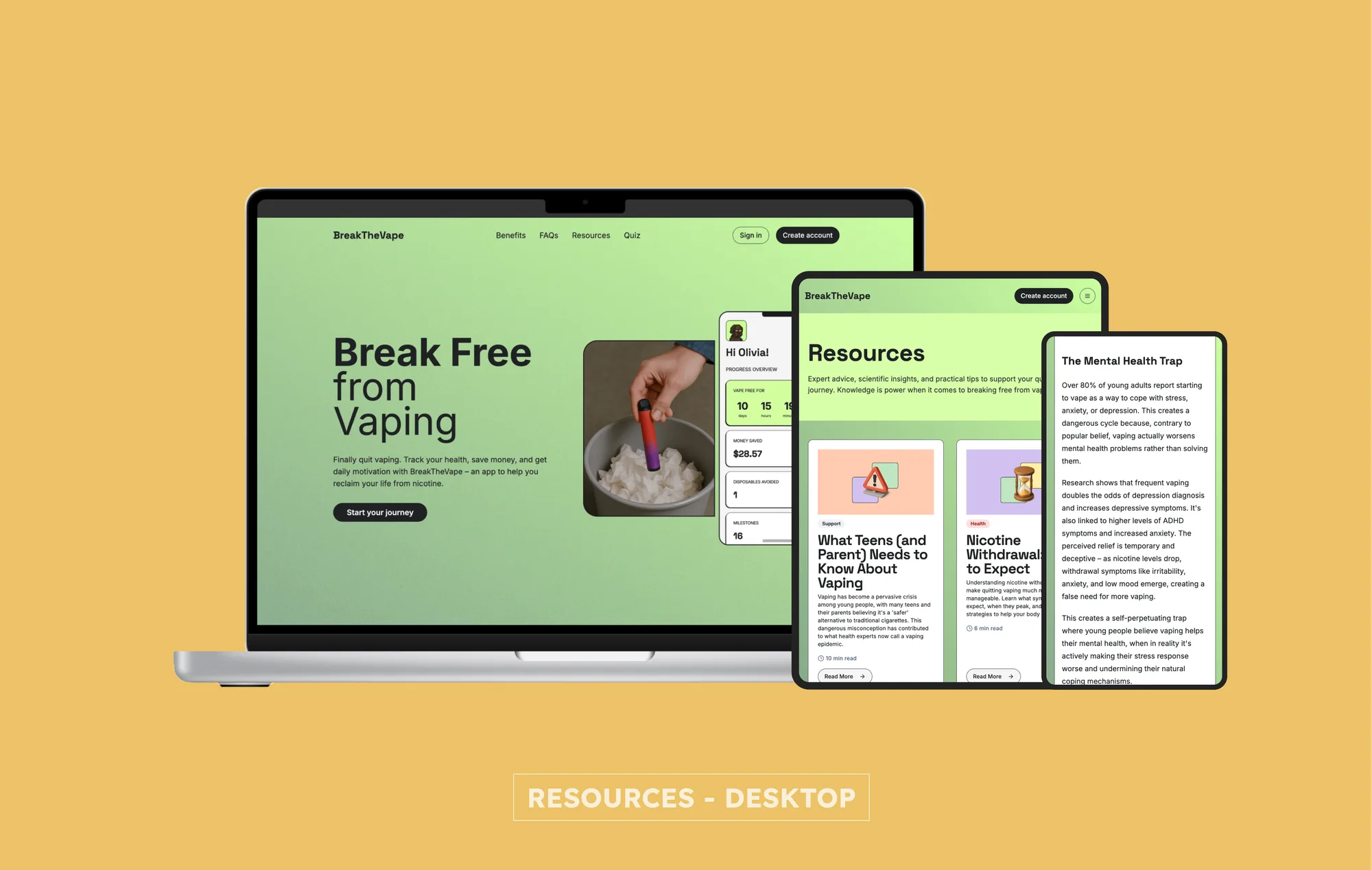 The BreakTheVape resources experience on desktop and tablet: the 'Break Free from Vaping' landing page and long-form quit-support articles.