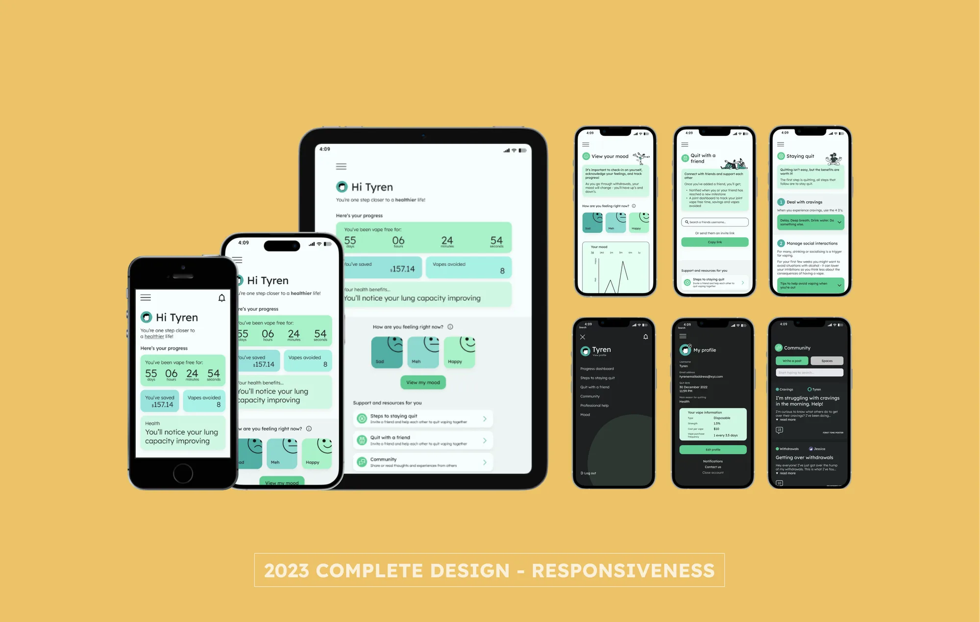The full 2023 design across tablet and phone: dashboard, mood, quit-with-a-friend, staying-quit resources, profile and community screens.