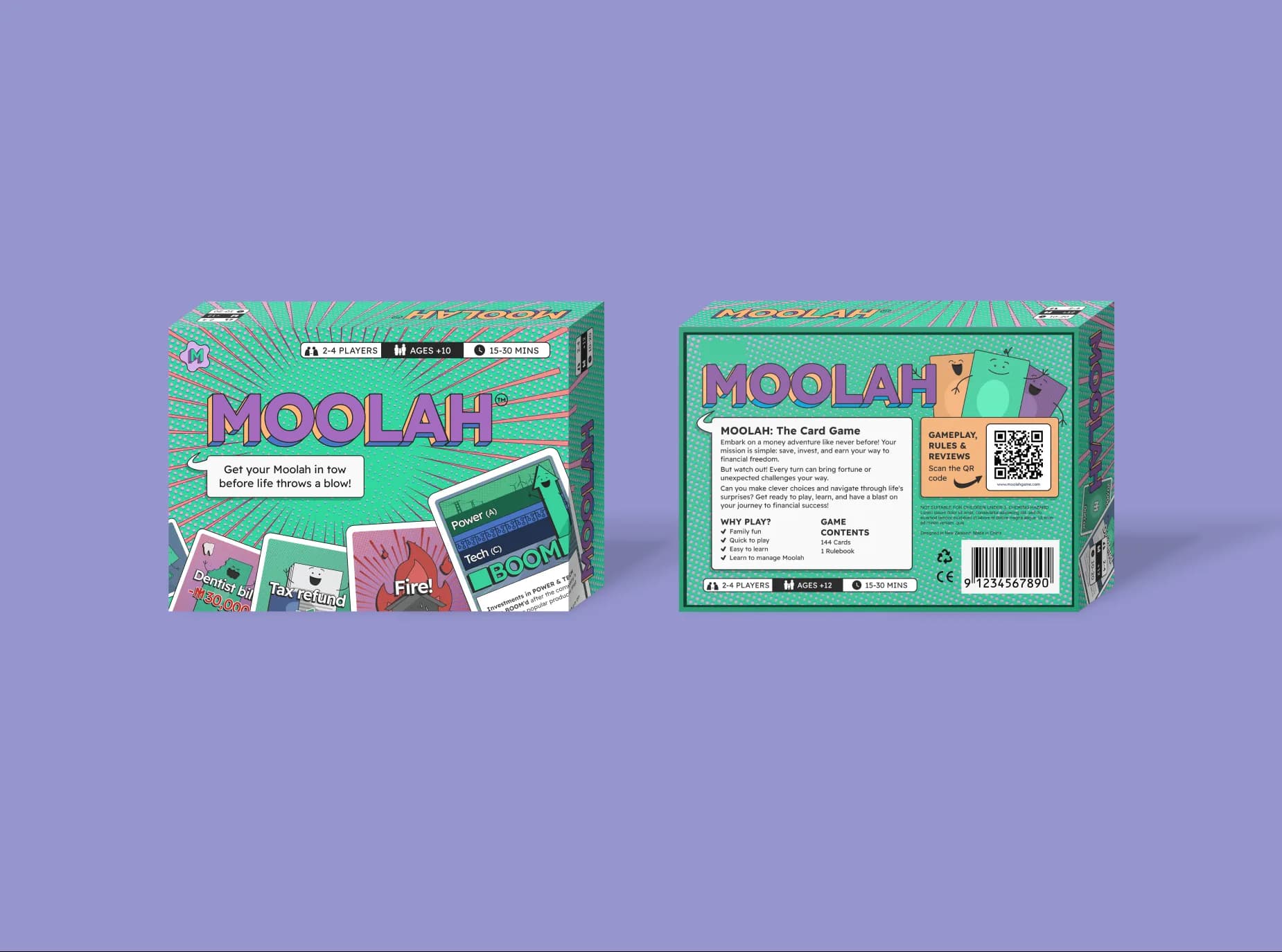 The finished Moolah box, front and back: "Get your Moolah in tow before life throws a blow!", with the card lineup and how-to-play panel on the reverse.