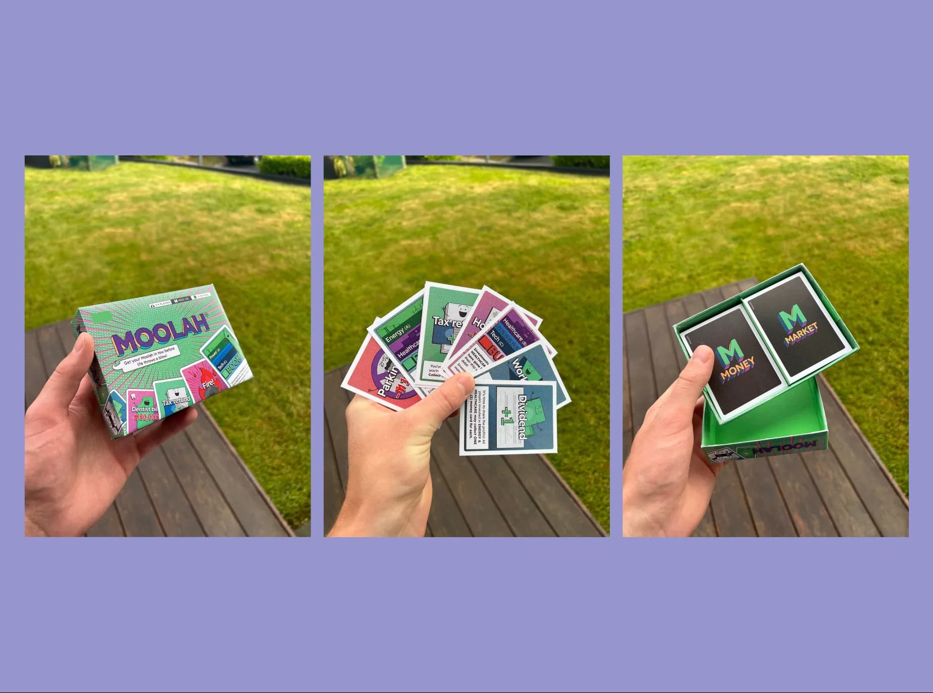 The physical game in hand outdoors: the boxed deck, a fanned hand of action cards, and the Money and Market piles ready to play.