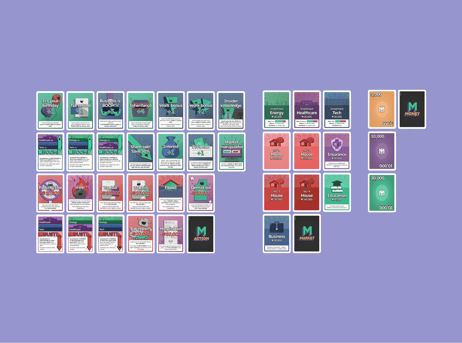 The full Moolah card system laid out: action cards from windfalls to disasters, market cards for investments, houses and insurance, and the money denominations.