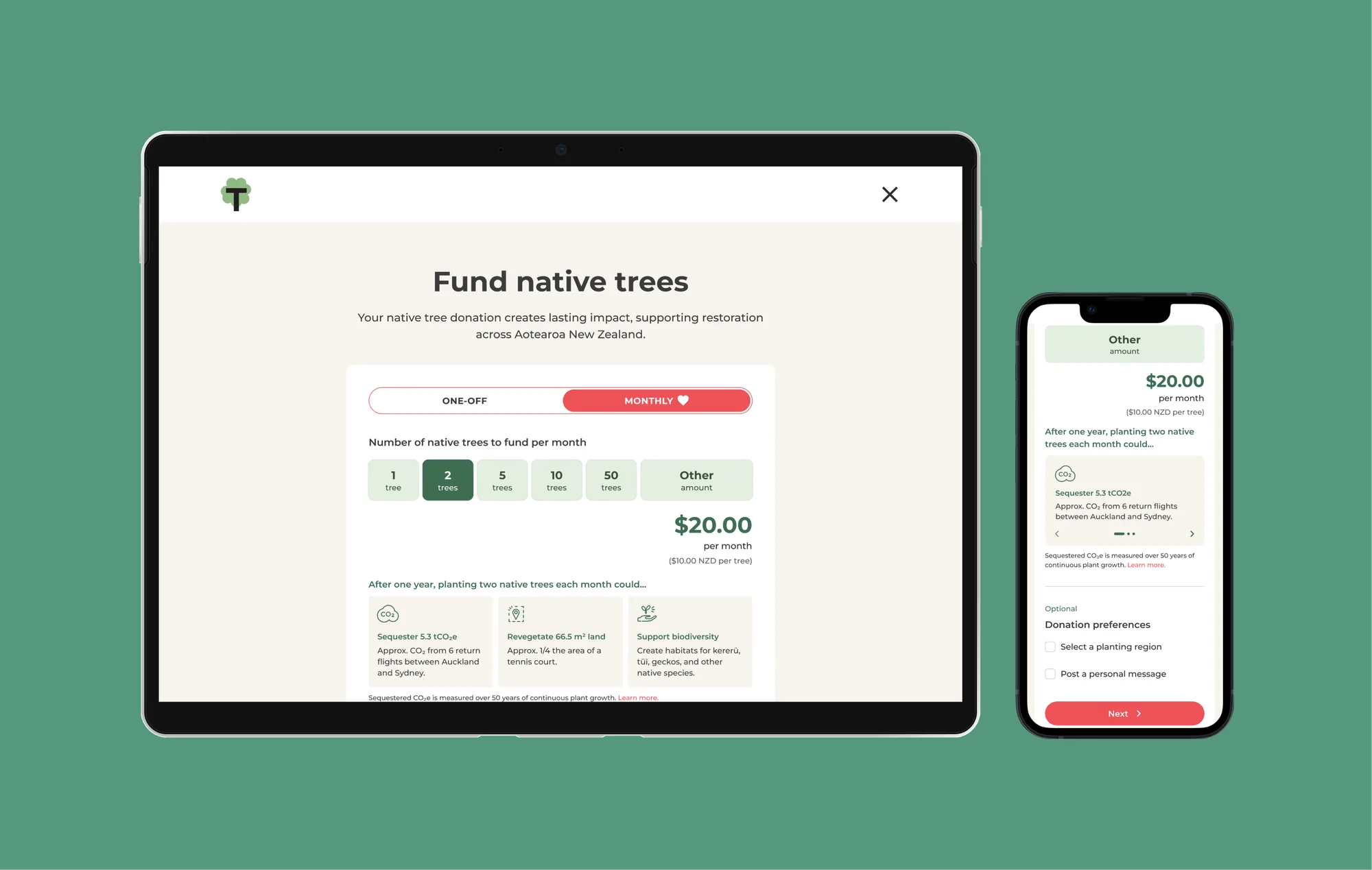 The "Fund native trees" flow on tablet and mobile: one-off or monthly giving, a tree-quantity selector, and live impact equivalents for carbon, land and biodiversity.