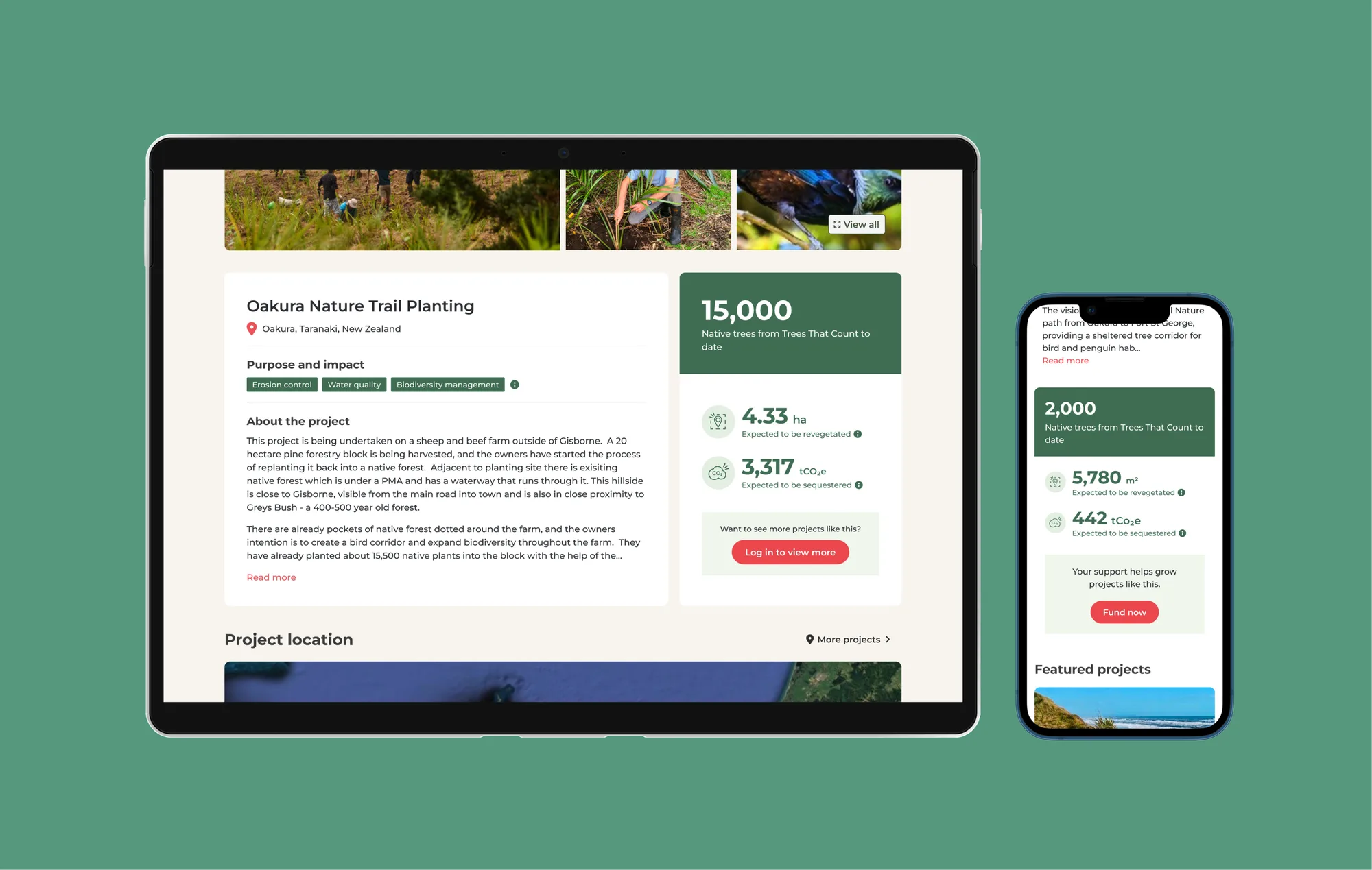 A planting project detail page on tablet and mobile: purpose and impact tags, photos, a map, and a stats sidebar with trees planted, hectares revegetated and carbon sequestered.