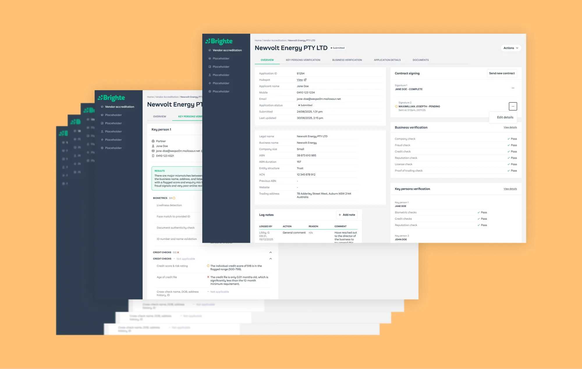 The internal review portal: a vendor application overview with per-director contract signing status, automated business verification checks, key-person verification results and log notes.