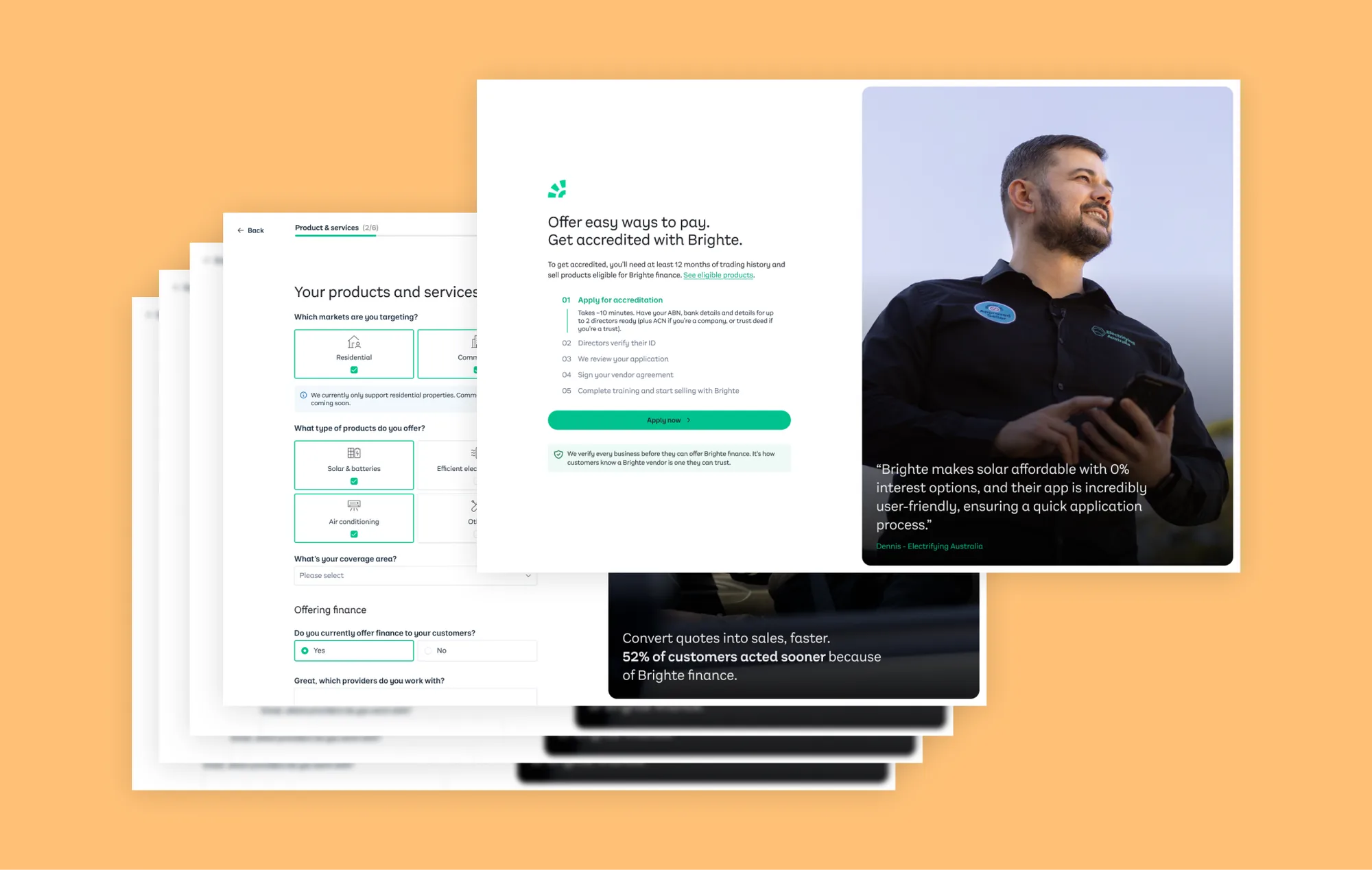 The vendor side: the get-accredited landing page with the five-step process, and the multi-step application form capturing products, services and finance details.