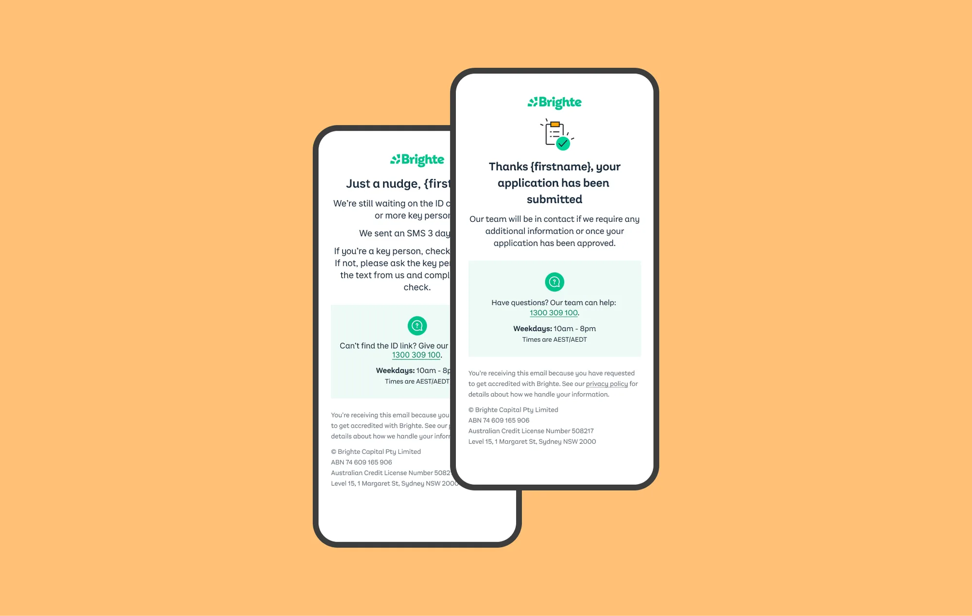 The vendor email suite: the application-submitted confirmation and an ID-check reminder nudge, both in Brighte brand.